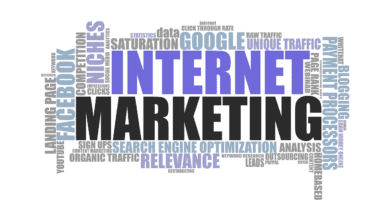 Estrategias de internet marketing representadas visualmente con palabras clave como SEO, redes sociales, email marketing y más, alrededor del término central