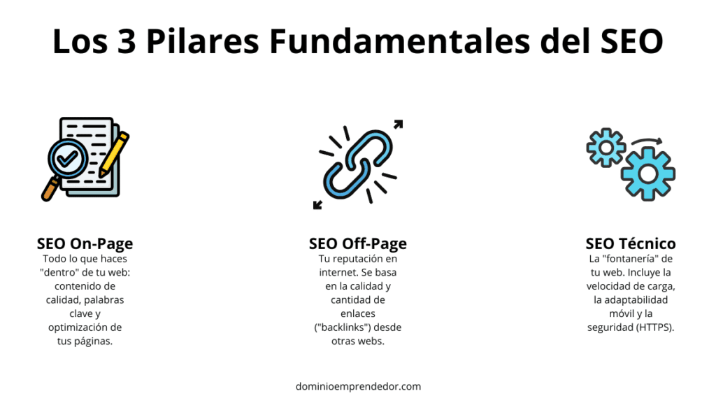 Infografía de los 3 pilares fundamentales del SEO: SEO On-Page, SEO Off-Page y SEO Técnico, con sus respectivas descripciones e iconos.