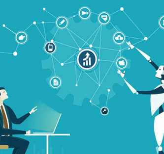 Un hombre de negocios sentado a un escritorio con una laptop, gesticulando hacia una red de iconos conectados que representan diversos beneficios de la inteligencia artificial y sus funciones en la gestión empresarial, mientras un robot humanoide interactúa fluidamente con los mismos iconos, simbolizando la colaboración y la automatización de tareas.