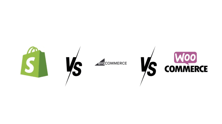 Comparativa de las plataformas de e-commerce BigCommerce vs Shopify vs WooCommerce, mostrando los logos de los tres competidores.