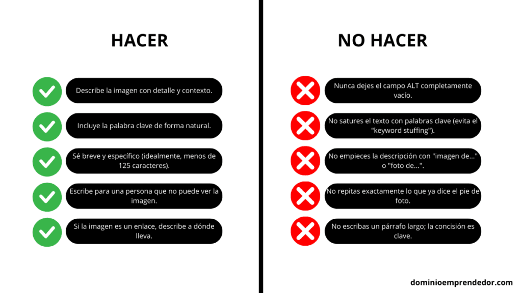 Tabla comparativa con buenas y malas prácticas para escribir el texto ALT de las imágenes para SEO.