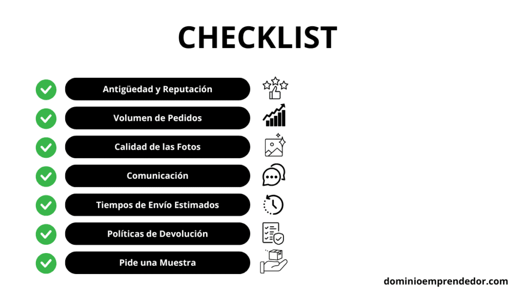 Checklist con 7 puntos clave para evaluar y elegir un proveedor fiable para un negocio de dropshipping.