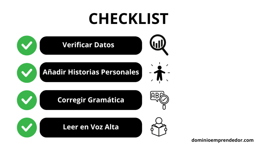 Checklist visual con los pasos para refinar y humanizar un borrador de artículo de blog escrito con la asistencia de ChatGPT.