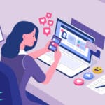 Ilustración de una community manager planificando contenido y gestionando redes sociales, demostrando las habilidades necesarias para ser community manager sin experiencia.