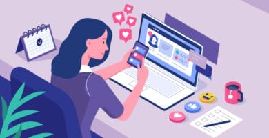 Ilustración de una community manager planificando contenido y gestionando redes sociales, demostrando las habilidades necesarias para ser community manager sin experiencia.
