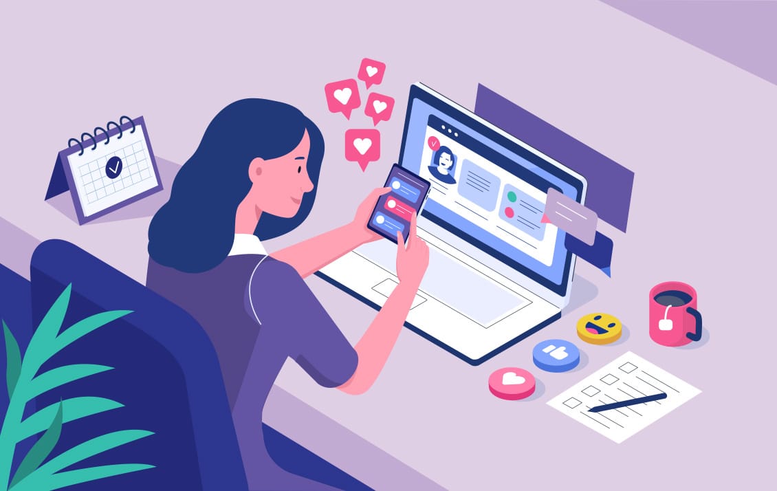 Ilustración de una community manager planificando contenido y gestionando redes sociales, demostrando las habilidades necesarias para ser community manager sin experiencia.