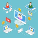 Diagrama isométrico que ilustra la interacción y conexión digital entre personas a través de smartphones, laptops y un monitor central, representando la comunicación y el intercambio online.