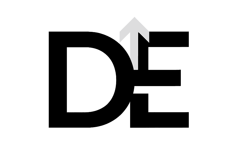 Logo de Dominio Emprendedor con solo las iniciales DE y flecha ascendente