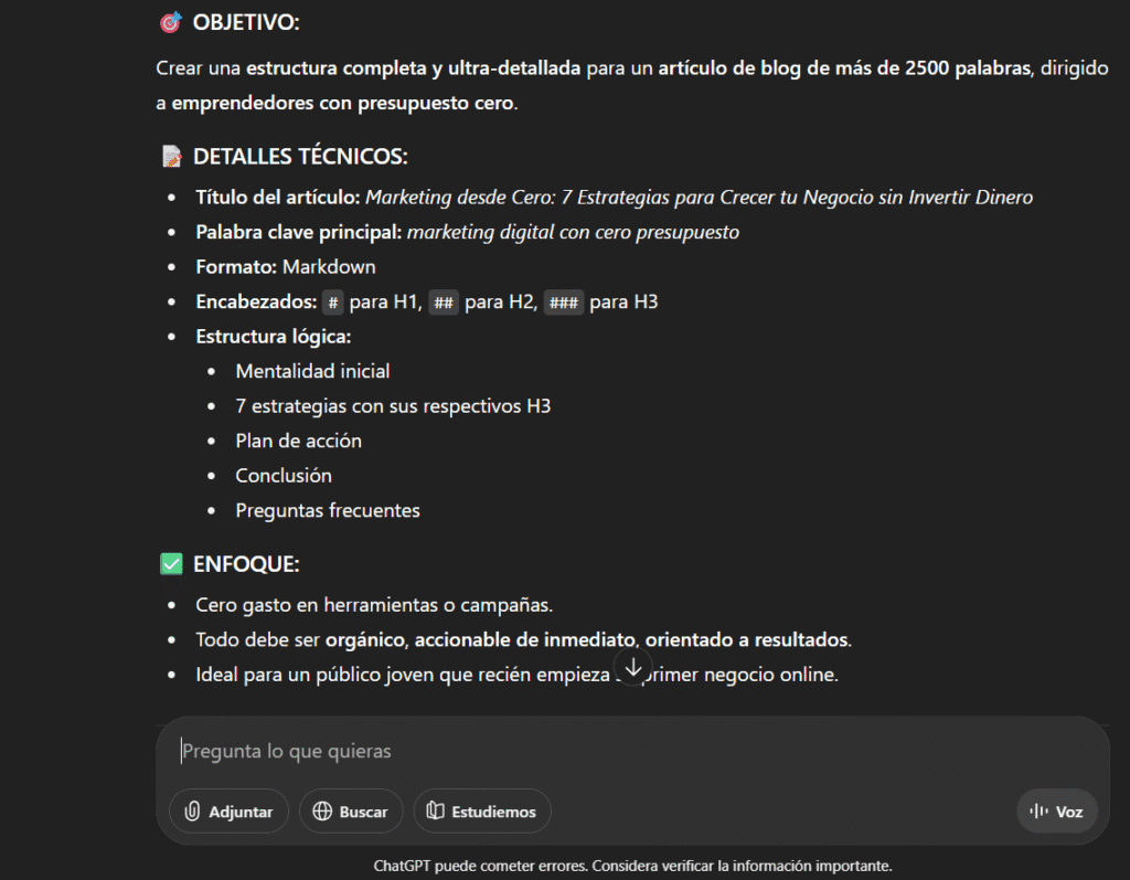 Ejemplo de una estructura de artículo para blog generada por ChatGPT, mostrando encabezados H2 y H3 optimizados para SEO.