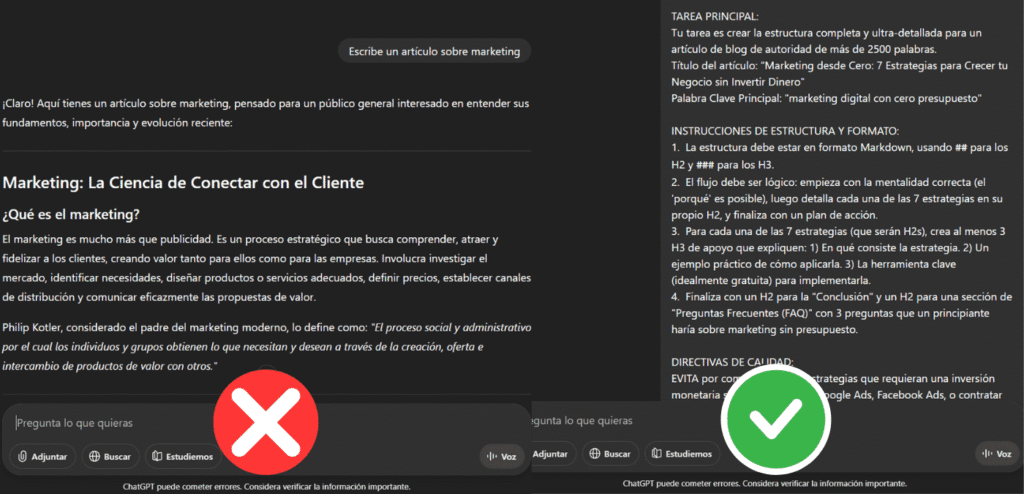 Comparación visual en capturas de pantalla de ChatGPT mostrando un prompt de artículo genérico (incorrecto) versus un prompt detallado para una estructura optimizada (correcto).