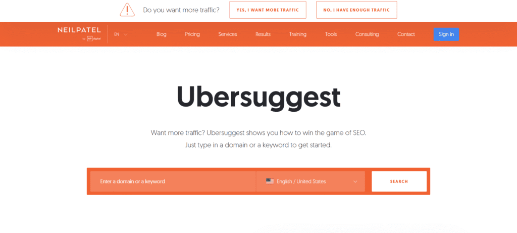 La herramienta Ubersuggest de Neil Patel, un ejemplo de marca personal exitosa que aporta valor con herramientas gratuitas.