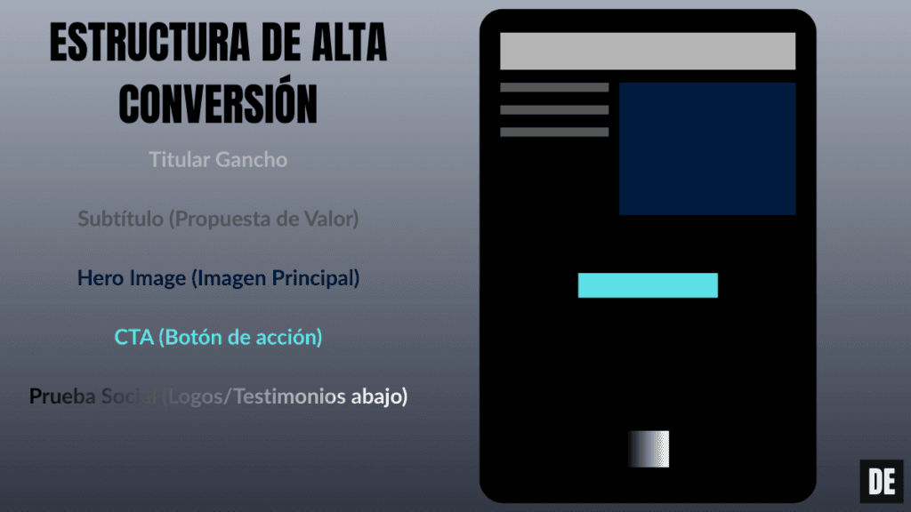 Diagrama que muestra la anatomía de una landing page perfecta con sus 5 elementos clave: titular, propuesta de valor, imagen principal, CTA y prueba social.