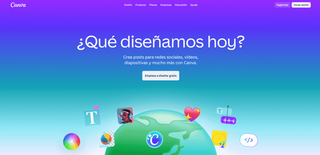 Página de inicio de Canva mostrando la interfaz de diseño fácil de usar.