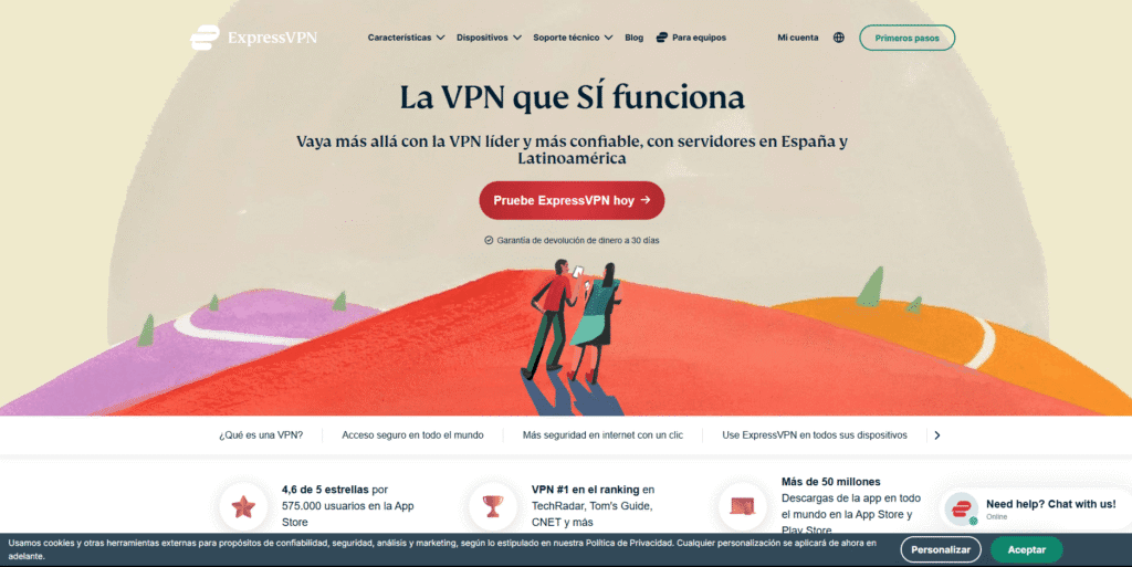 Página de ventas de ExpressVPN con garantía de devolución de dinero y contraste de colores.