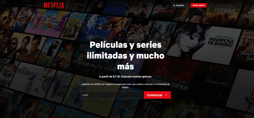 Portada de Netflix destacando el botón de llamada a la acción y la cancelación gratuita.