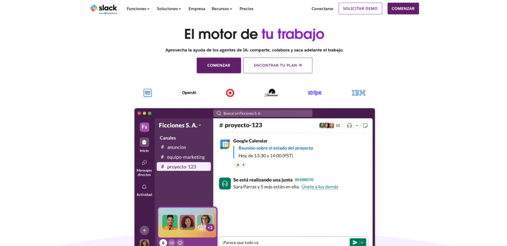 Landing page de Slack destacando logotipos de empresas grandes como prueba social.