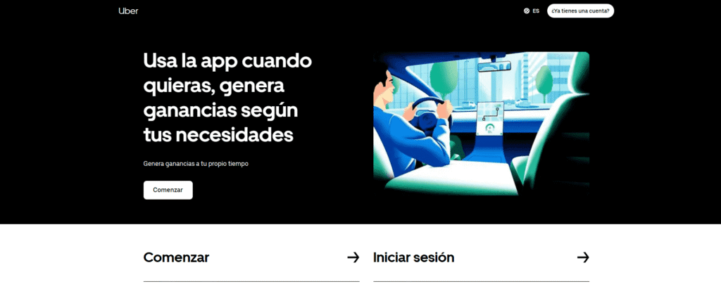 Landing page de Uber segmentada para conductores con propuesta de valor clara.