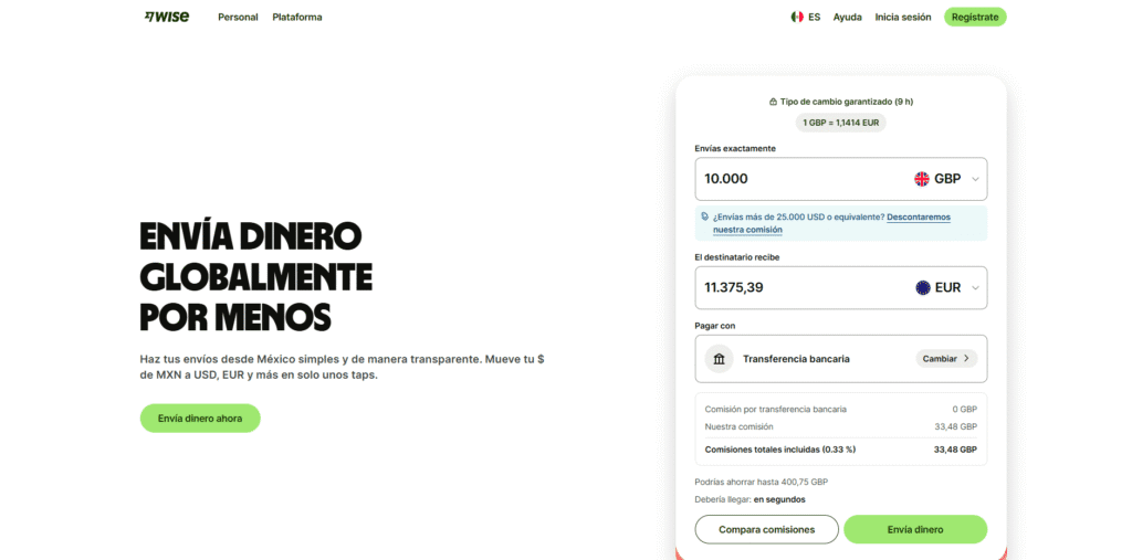 Interfaz de Wise mostrando la calculadora interactiva de ahorro de comisiones.