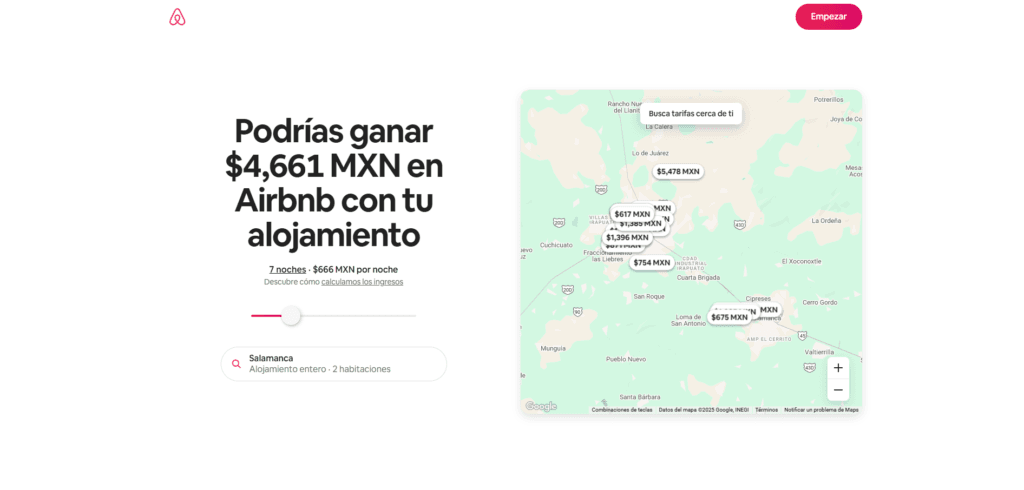 Landing page de Airbnb para anfitriones mostrando la calculadora de ingresos estimados.