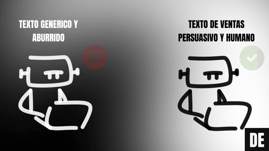 Un gráfico comparativo dividido en dos. A la izquierda, un texto genérico y aburrido generado por IA marcado con una cruz roja. A la derecha, un texto de ventas persuasivo y humano marcado con una palomita verde, ilustrando la importancia de usar buenos prompts.
